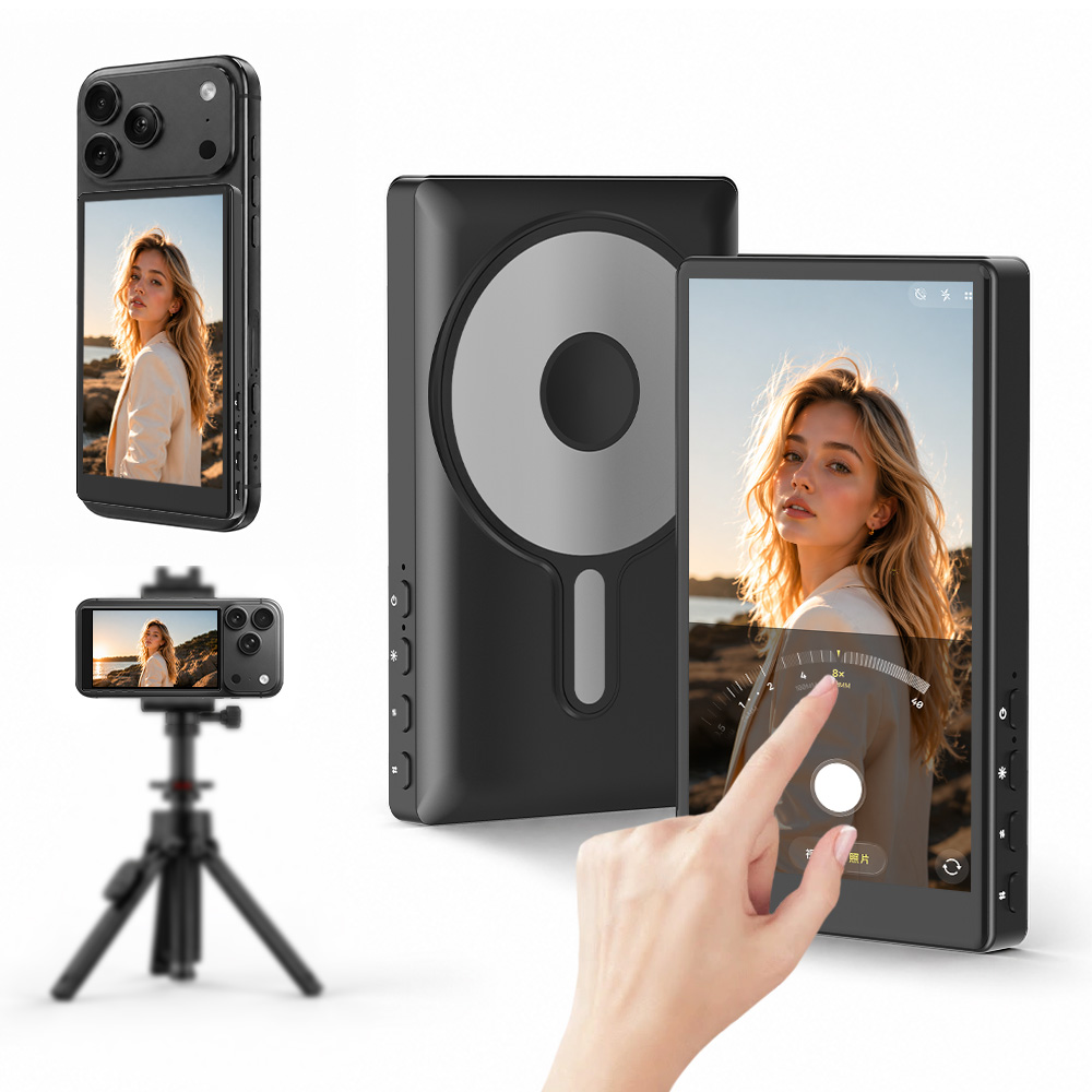 Photography Zoom - หน้าจอมอนิเตอร์เซลฟี่สำหรับวิดีโอบล็อกสำหรับ iPhone และ Android พร้อมลำโพงในตัว รองรับการใช้งานกล้องหลังแบบย้อนกลับของโทรศัพท์