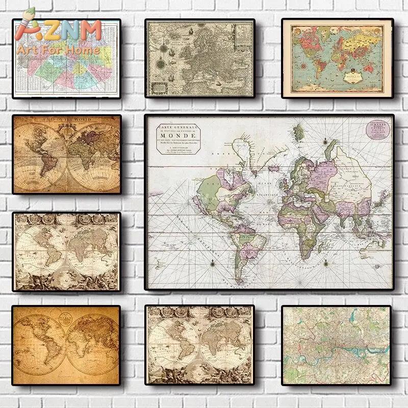 Photography Mapped - ภาพพิมพ์ผ้าแคนวาสแผนที่โลกวินเทจ โปสเตอร์ภาพวาดโลกคลาสสิกสำหรับตกแต่งห้องนั่งเล่น โฮมออฟฟิศ ห้องทำงาน ตกแต่งผนัง โปสเตอร์พิมพ์ลาย